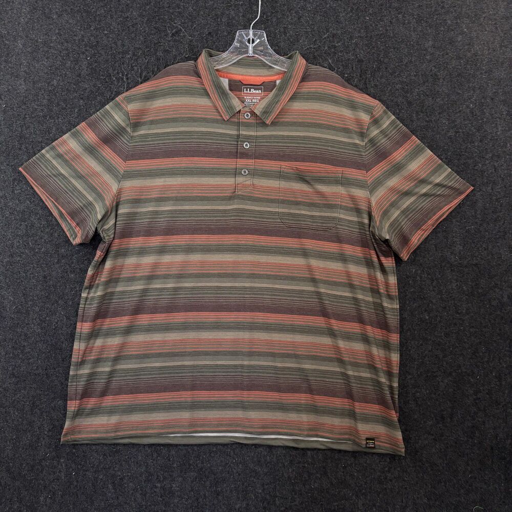 LL Bean Everyday SunSmart Polo Shirt Men's XXL Green Striped Pocket Stretch